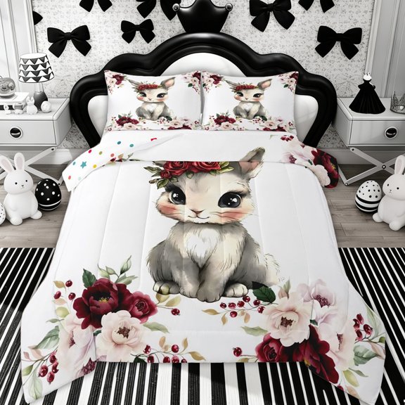 Erosebridal Rose Rabbit Kids Full Size Comforter Sets, Easter Animals Bedding Sets, 3pcs