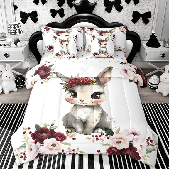 Erosebridal Rose Rabbit Kids Twin Bedding Sets, Easter Animals Bedding Comforter Set, 7pcs