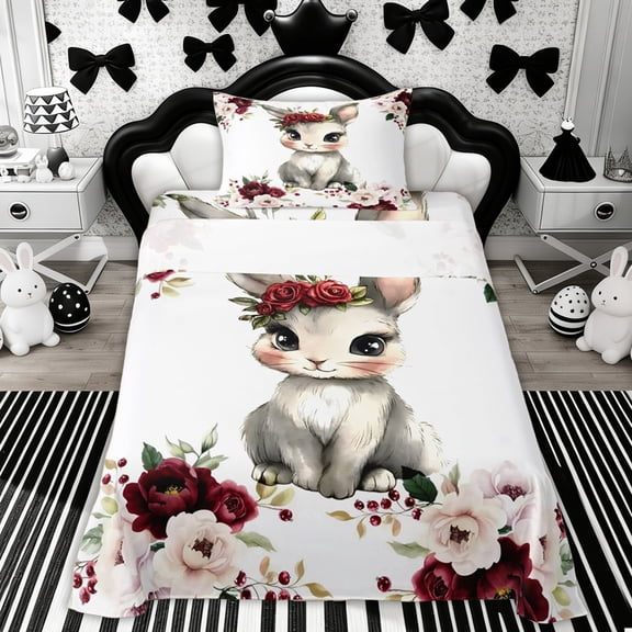 Erosebridal Rose Rabbit Kids Twin Sheet Sets, Easter Animals Bedding, 3pcs