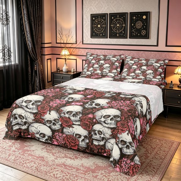 Erosebridal Rose Skull Bed Sheets, Western Garden Floral Full Size Sheets, Beige Salmon, Black Reversible, 4pcs, 1 Flat Sheet, 1 Fitted Sheet and 2 Pillowcases