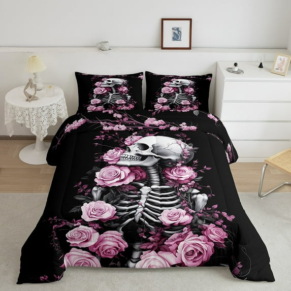 Erosebridal Rose Skull Comforter Set Full Size Pink Skeleton Floral Bedding Set for All Season Gothic Bones Rose Flower Decor Soft 1 Comforter + 2 Pillow Shams