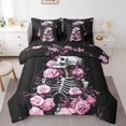 thumbnail image 1 of Erosebridal Rose Skull Comforter Set with Sheets Pink Skeleton Floral Bed in a Bag Gothic Bones 7 Piece Bedding Set King Size Rose Flower Soft Bed Set for All Season, 1 of 5