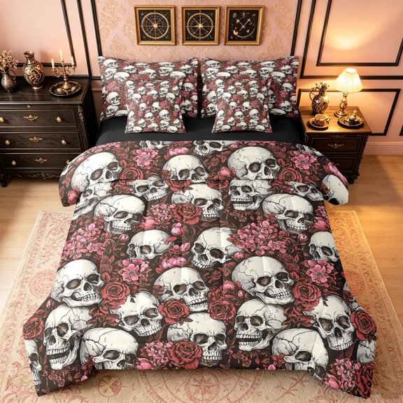 Erosebridal Rose Skull King Bedding, Western Garden Floral King Bed in a Bag, Beige Salmon, Black Reversible, 7pcs