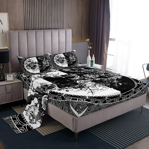 Erosebridal Rose Skull King Sheet Sets, Damask Floral Bedding King Size, Hippie Sun Moon Decor, 4pcs