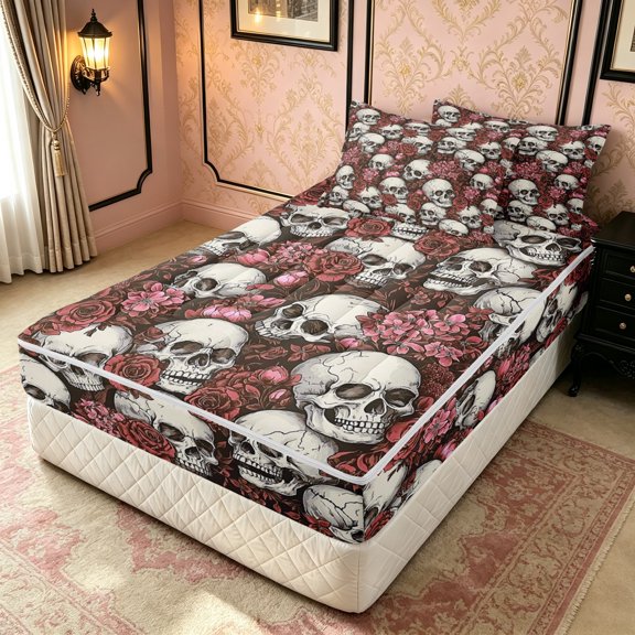Erosebridal Rose Skull Zipper Twin Comforter Sets with Fitted Sheet and 2 Pillowcases, Western Garden Floral Zipper Bedding Set, Beige Salmon, Black Reversible, 4pcs