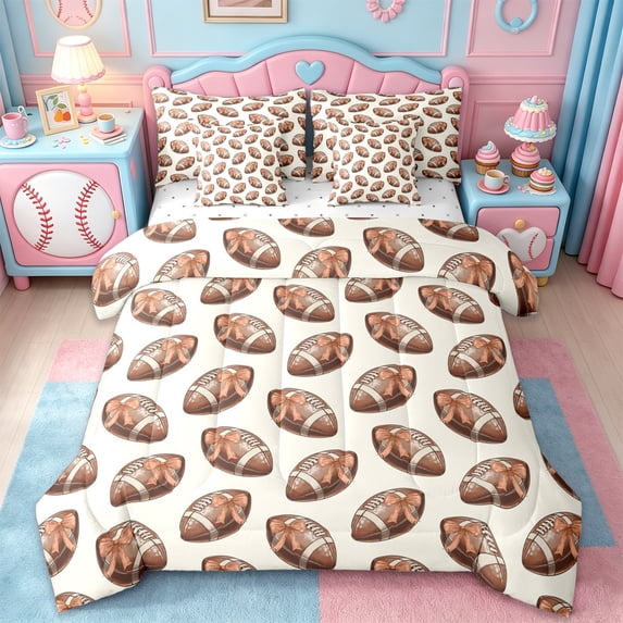 Erosebridal Rugby Ball Games 7-Piece Bedding Comforter Set For Girls,Brown Chic Bowtie Kids King Bedding Sets,Reversible