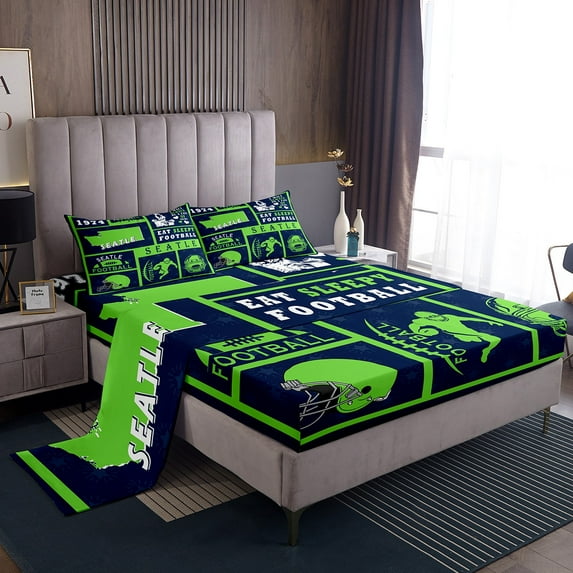 Erosebridal Rugby Bed Sheets Set,Football Sheet Set for Fan Queen,Sports Sheets,Football City Flat Fitted Sheet with 2 Pillowcases Deep Pockets(Seatle)