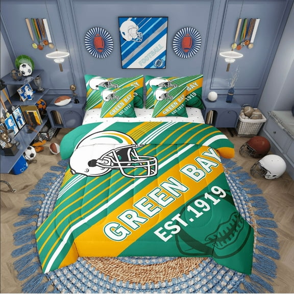 Erosebridal Rugby Bedding Sets Twin Size,Stripes Sport Comforter Sets with Sheets,Football Gaming Decor (Green Bay),Reversible,Breathable,7-Piece