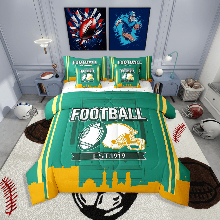 Feelyou Rugby Bedding Set Queen Size - 3 Piece Sports Comforter Set For Boys With 2 Pillowcases