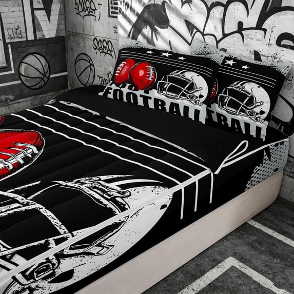 Erosebridal Rugby Football Player Zipper Twin Comforter Sets with Fitted Sheet and 2 Pillowcases for Boys Men, Sport Helmet Print Zipper Bedding Set, Black Reversible, 4 Pieces