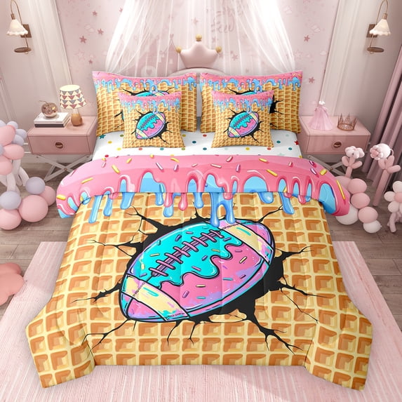 Erosebridal Rugby Football Sport Bedding Comforter Set for Kids Boys Girls, Ice Cream Drip Waffle King Bedding Sets, Colorful Polka Dots Reversible, 7 Pieces