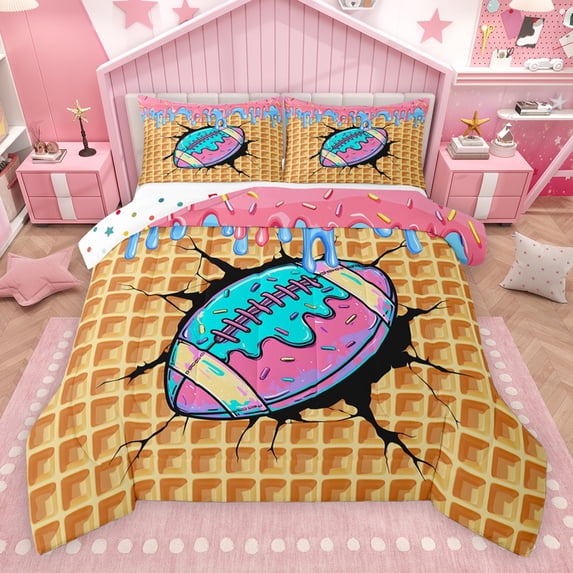 Erosebridal Rugby Football Sport Queen Comforter Set for Kids Boys Girls, Ice Cream Drip Waffle Bedding Comforter Set, Colorful Polka Dots Reversible, 1 Comforter and 2 Pillowcases