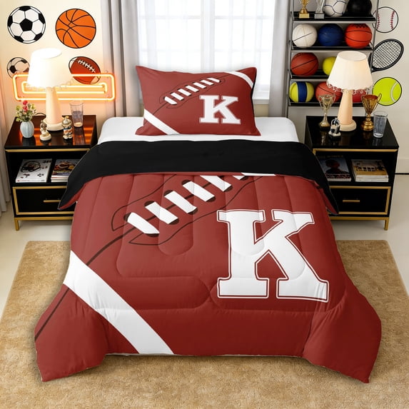 Erosebridal Rugby Gamer K Personalized Initial Twin Comforter Sets 3-Piece for Boys Girls,Sport Theme Football Bedding Set for Teens,Black Reversible,Microfiber Bedroom Decor