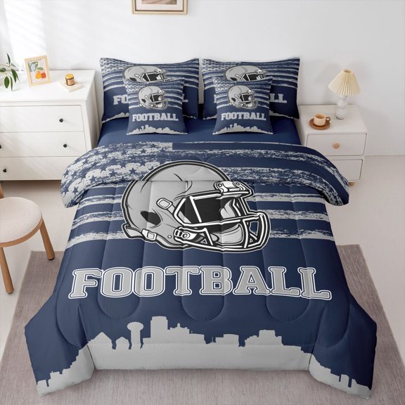 Erosebridal Rugby Helemet Bed in a Bag Twin Size,Football City Silhouette Bed Set,Blue Gray Bedding Twin Size,Super Cozy Room Decor Reversible,7 Pieces
