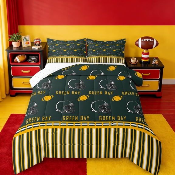 Erosebridal Rugby Helmet City Bedding Sets Queen with Comforter,Green Bay Duvet Insert,American Football Sports Comforter Sets Queen Size,Breathable Room Decorative Reversible,3pcs