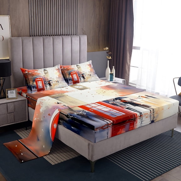 Erosebridal City Sence Bed Sheets King,London Scenery Bedding King Size,Teenager Bedroom Decor,Super Cozy,4pcs