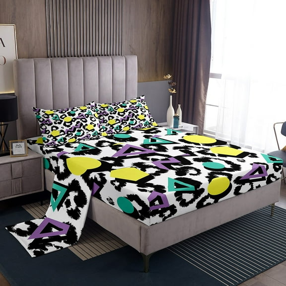 Erosebridal Retro Memphis Bed Sheets King,Animal Print Bedding King Size,Colorful Graphic Decor,Super Cozy,4pcs