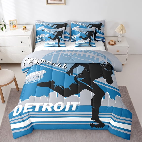 Erosebridal Rugby Sport Bed in a Bag Twin Size,Football City Silhouette Bed Set,Deiroit Bedding Twin Size,Luxury Bedroom Decor Reversible,7 Pieces