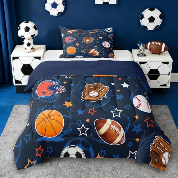 Erosebridal Rugby Sport Helmet Twin Comforter Sets,Basketball Sport Games Kawaii Stars Print Bedding Set For Kids Boys,Reversible Navy 2-Piece