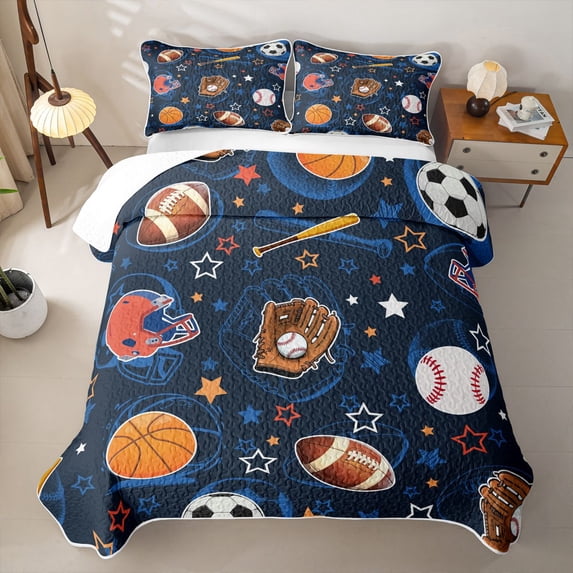 Erosebridal Rugby Sport Helmet Twin Quilt Set,Basketball Sport Games Kawaii Stars Print Twin Coverlet Set For Kids Boys,2 Pieces
