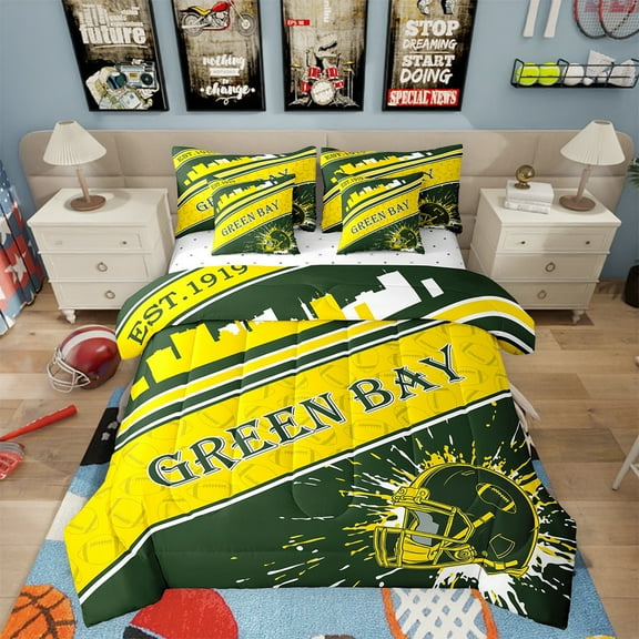 Erosebridal Rugby Sports 7 Pieces Comforter Sets Twin Size Green Bay Bedding Set for All Season Gifts for Football Fans Football City Bed in a Bag with Comforter, Sheets, Pillowcases & Cushion Cover