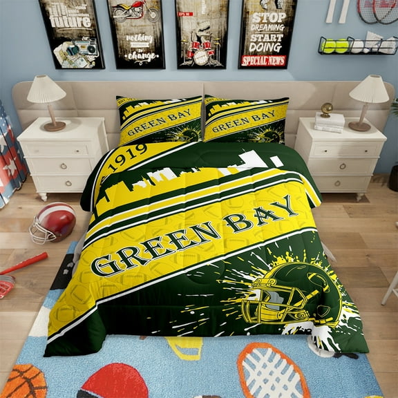 Erosebridal Rugby Sports Bedding Set Twin Size Green Bay Comforter Set American Football Gifts for Football Fans Women Men Football City Comforter Yellow Room Decor