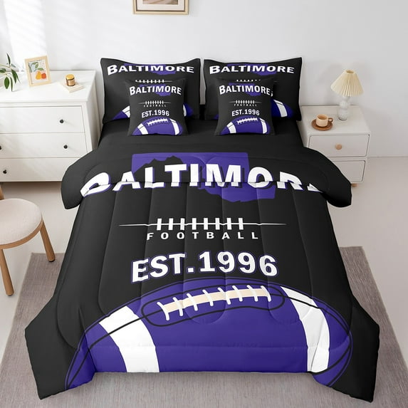 Erosebridal Rugby Sports Bedding Sets Queen Size,Baltimore Comforter Sets with Sheets,Purple Black Bed in a Bag Queen Size For Teens,Breathable Room Decoration Reversible,7-Piece