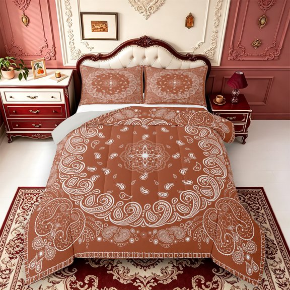 Erosebridal Rust Paisley Bandana Queen Comforter Set,White Floral Motif Comforter Sets Queen,3-Piece,1 Comforter and 2 Pillowcases,Light Gray Reversible