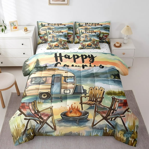 Erosebridal Rustic Adventure Bedding Sets Twin Size, Camper Camping Comforter Sets with Sheets, Lodge Cabin Decor, Reversible 7pcs