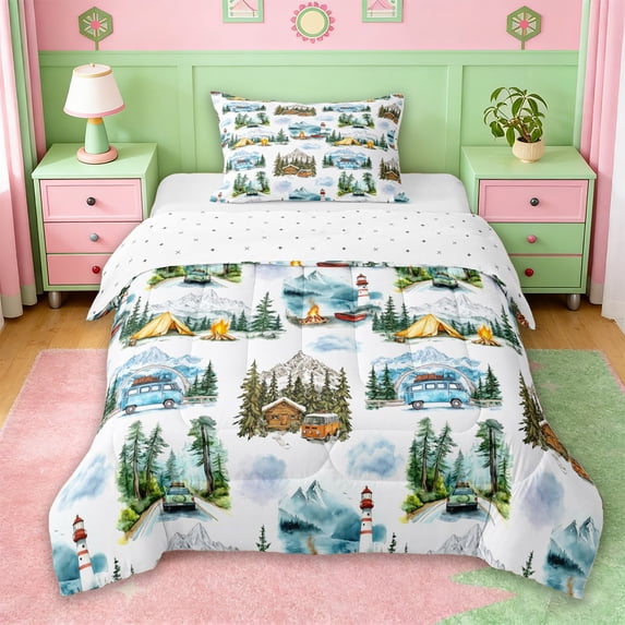 Erosebridal Rustic Adventure Camping Twin Comforter Sets,Blue Camper RV Bedding Set For Adults,Reversible,2-Piece