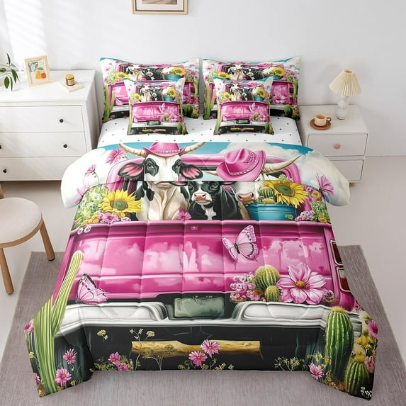 Erosebridal Rustic Animal Bedding, Cartoon Truck Bed in a Bag, Farmhouse Cow Reversible Bed Set, Lightweight Bedroom Decorative, 7pcs