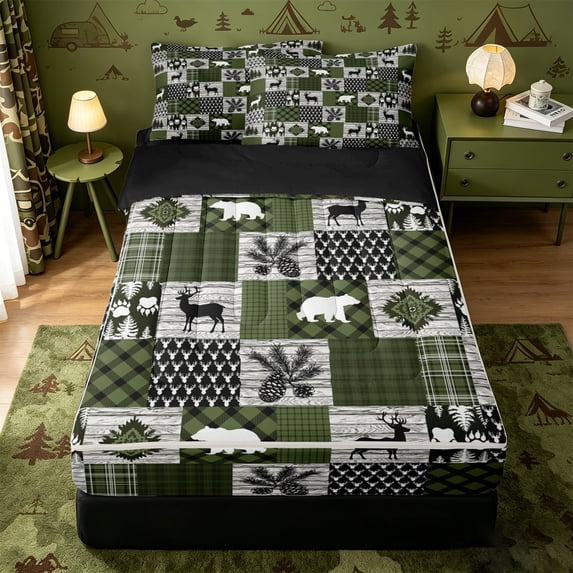 Erosebridal Rustic Animals Deer Zipper Full Size Comforter Sets with Fitted Sheet and 2 Pillowcases,Vintage Camouflage Print Zipper Bedding Set For Boys,Black Reversible,4pcs