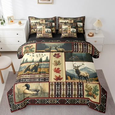 Erosebridal Rustic Aztec Bedding Sets Twin Size, Woodland Bear Elk Comforter Sets with Sheets, Patchwork Animal Decor, Reversible 7pcs