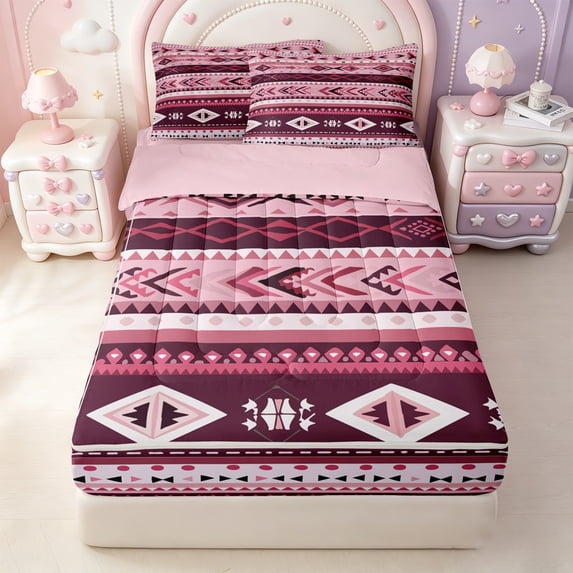 Erosebridal Rustic Aztec Theme Zipper Full Size Comforter Sets with Fitted Sheet and 2 Pillowcases,Tribal Geometric Pattern Zipper Bedding Set For Boys,Pink Reversible,4 Pieces