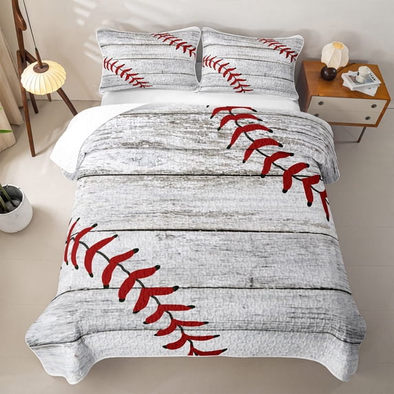 Erosebridal Rustic Baseball Stitch Quilt King for Boys Men, Wooden Plank Print King Coverlet Set, Red Gray, 3pcs