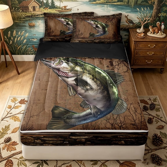 Erosebridal Rustic Bass Fish Pattern Zipper Twin Comforter Sets with Fitted Sheet and 2 Pillowcases,Twig Silhouette Print Zipper Bedding Set,Brown Olive Green,Black Reversible