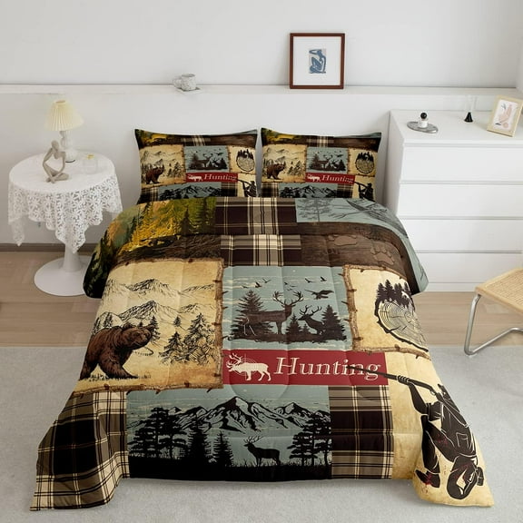 Erosebridal Rustic Bear Comforter Set Teens, Hunting Deer Bedding Set Geometric Plaid Claw Wildlife Duvet Insert Farmhouse Shooting Target Down Comforter Twin with 1 Pillowcase, Brown