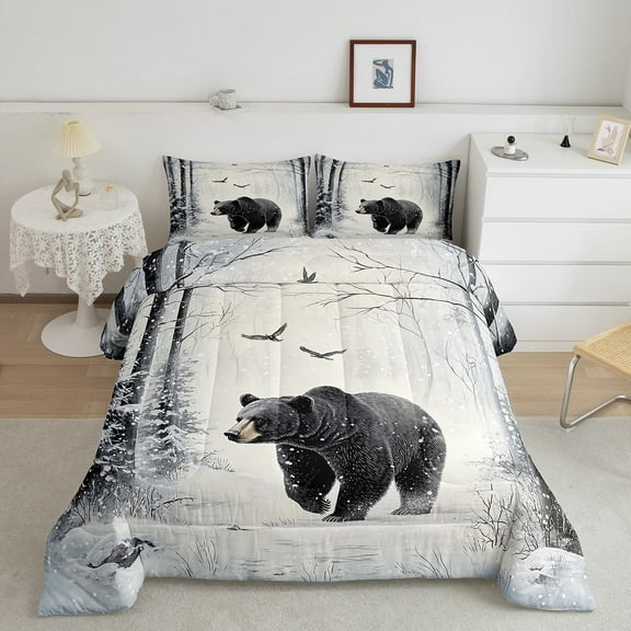 Erosebridal Rustic Bear Comforter Sets Queen Size, 3D Animal Comforters & Duvets, Winter Wildlife Reversible Duvet Insert, Microfiber Bedroom Decor, 3 Pieces
