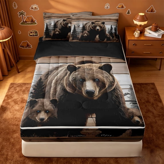 Erosebridal Rustic Bear Family Zipper Twin Comforter Sets with Fitted Sheet and 2 Pillowcases,Pine Wood Cabin Art Zipper Bedding Set For Boys,Black Reversible,4pcs
