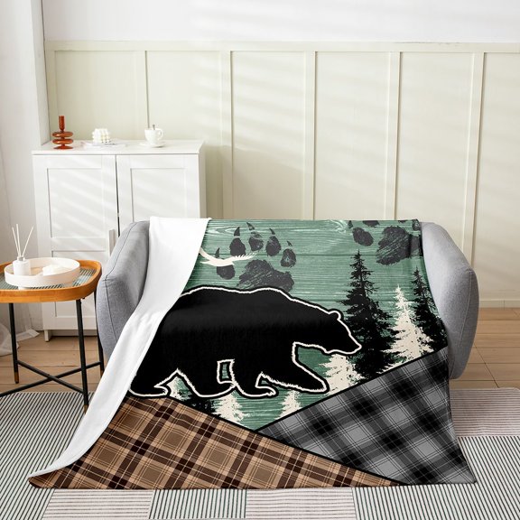 Erosebridal Rustic Bear Flannel Blanket,Woodland Animals Patchwork Fleece Blanket for Teens Men,Paw Print Pine Throw Blanket Twin 60x80 inch,Buffalo Grid Green Wooden Plank Fuzzy Blanket Lightweight