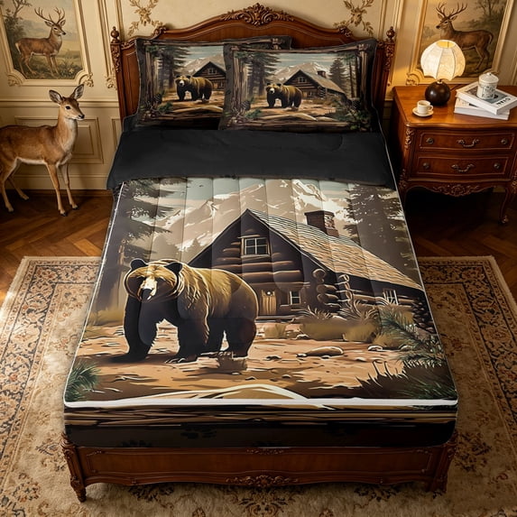 Erosebridal Rustic Bear Wildlife Zipper Full Size Comforter Sets with Fitted Sheet and 2 Pillowcases for Women Men, Western Wooden Cabin Print Zipper Bedding Set, Black Reversible, 4pcs