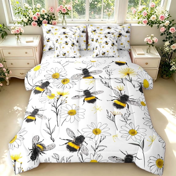 Erosebridal Rustic Bee 7 Pieces Full Size Bedding Sets,Watercolor Sunflower Floral Full Size Bed in a Bag,White Silver,Reversible