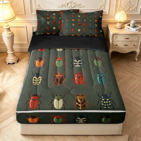 Erosebridal Rustic Beetles Zipper Twin Comforter Sets with Fitted Sheet and 2 Pillowcases,Watercolor Bug Theme Zipper Bedding Set,Green Teal,Black Reversible,4pcs