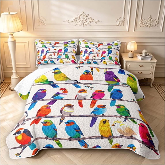 Erosebridal Rustic Bird Wildlife Bed Spread Queen,Watercolor Branch Queen Coverlet Set,White Blue,3 Pieces,1 Quilt and 2 Pillowcases