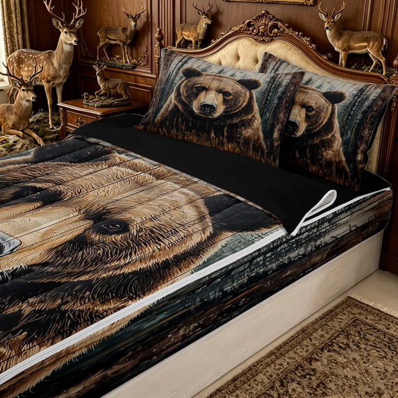 Erosebridal Rustic Brown Bear Zipper Twin Comforter Sets with Fitted Sheet and 2 Pillowcases for Boys Men, Wood Plank Forest Print Zipper Bedding Set, Black Reversible, 4-Piece