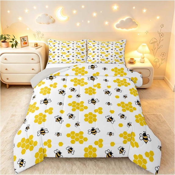 Erosebridal Rustic Bug Bee Queen Comforter Set,Nature Wildlife Theme Comforter Sets Queen,White Yellow,Light Gray Reversible,3pcs,1 Comforter and 2 Pillowcases