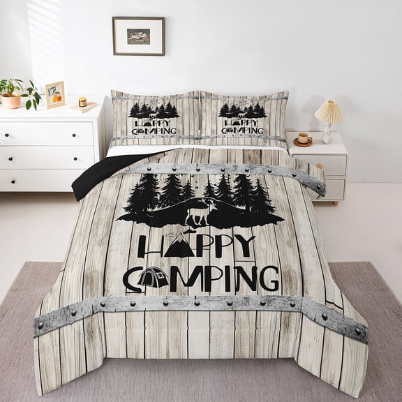 Erosebridal Rustic Cabin Bedding Twin Comforter Set,Black Grey Down Comforter,Happy Camping Bedding Sets Twin with Comforter,Microfiber Lodge Room Decor,Reversible,3pcs