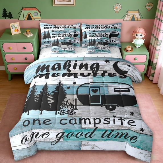 Erosebridal Rustic Cabin Camper 7-Piece Twin Bedding Sets,Camping Adventure Theme Bedding Comforter Set For Kids Boys,Reversible