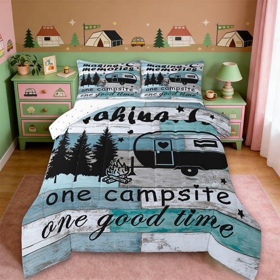Erosebridal Rustic Cabin Camper Queen Comforter Set,Camping Adventure Theme Bedding Comforter Set For Kids Boys,Reversible,3pcs