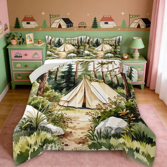 Erosebridal Rustic Cabin Camper Queen Comforter Set,Country Camping Bedding Comforter Set For Kids,Reversible lightgray,3pcs